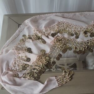Pink Chiffon Belly Dance Hip Scarf with Gold Coins